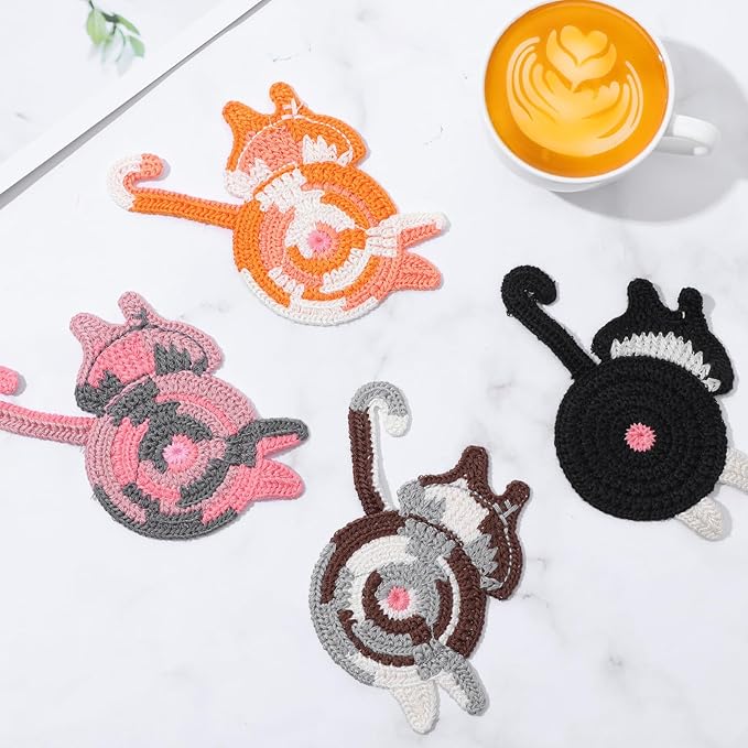 4Pcs Cute Coasters: Crochet Cat Gifts, Cute & Funny Coasters for Coffee & Tea Desk Gifts (4 Pack)