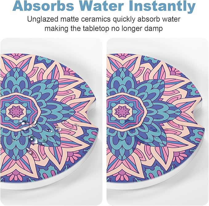 2 Pack Car Cup Holder Coasters, 2.63 inch Anti Slip Insert Absorbent Ceramic Coasters with Cork Base and Finger Notch, Cute Car Accessories Interior for Women