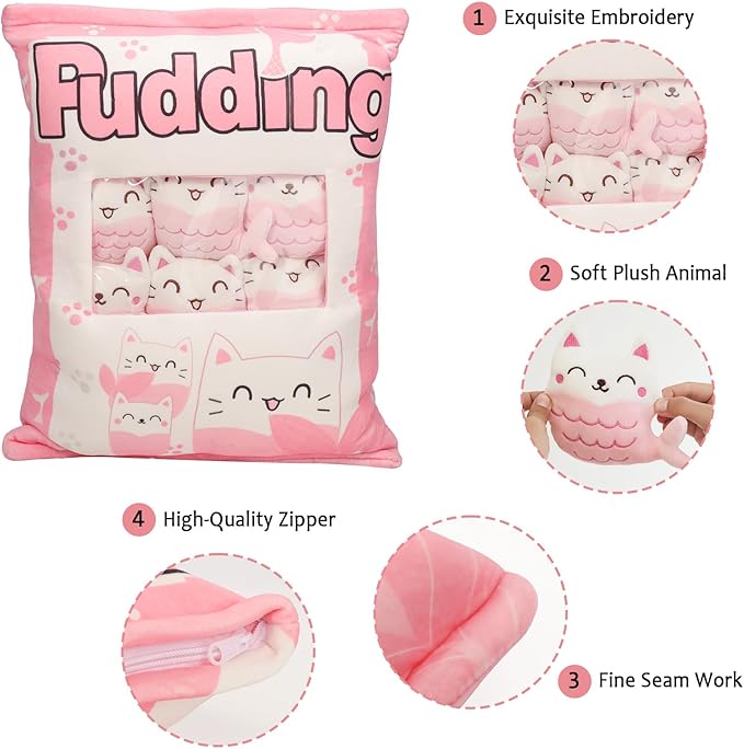 Mermaid Cat Plush Pillow, Cute Pink Mermaid Cat Plushies for Kids, Removable Mermaid Cat Stuffed Animals Dolls, Kawaii Plushies Gift for Girls Boys Birthday