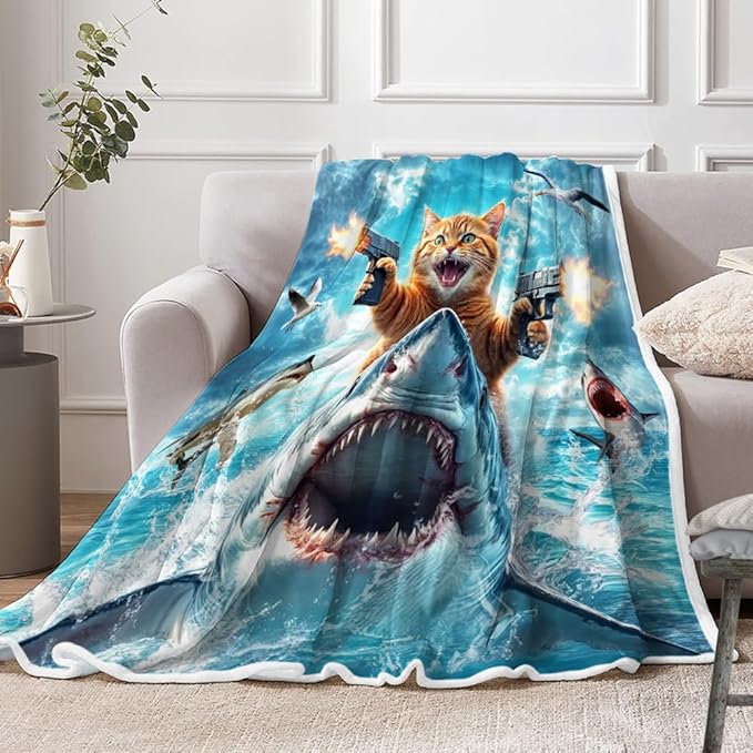 Cute Cat Throw for Kids, Cool Kitty Riding Shark on Blue Grey Ocean Fleece Throw Blanket Cozy Soft Lightweight Couch Sofa Bed,Blue Blankets Bedding Gifts for Girls Boys Teens Cute Throw Blanket