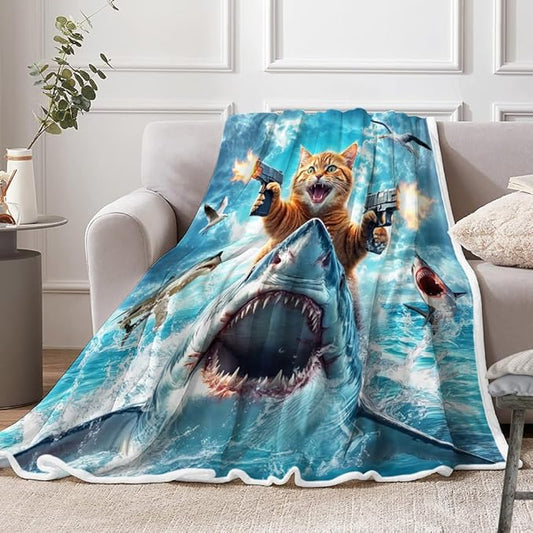 Cute Cat Throw for Kids, Cool Kitty Riding Shark on Blue Grey Ocean Fleece Throw Blanket Cozy Soft Lightweight Couch Sofa Bed,Blue Blankets Bedding Gifts for Girls Boys Teens Cute Throw Blanket