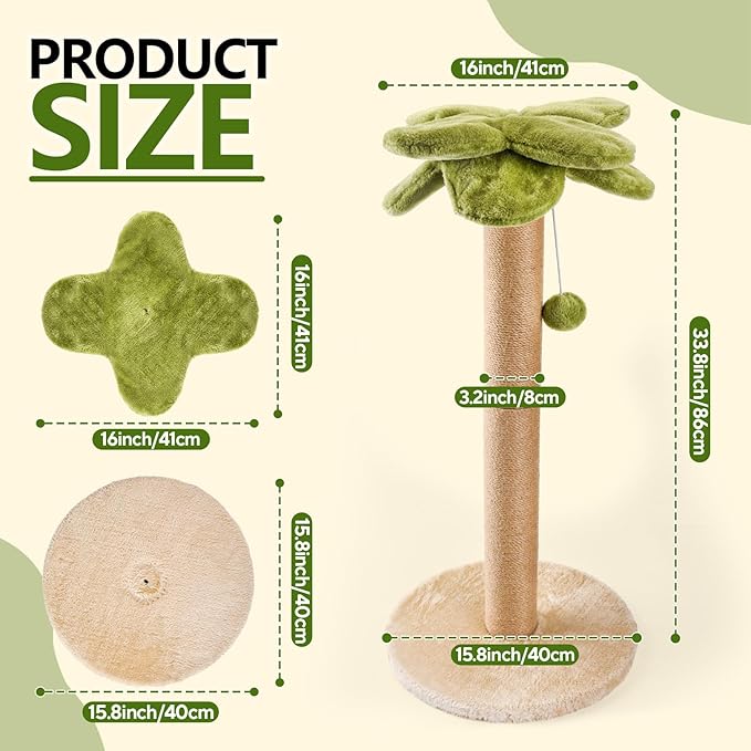 Palm Tree Cat Scratching Post, Sturdy 34 inches Tall Sisal Scratch Post with Interactive Dangling Ball, Cute Cat Scratcher for Indoor Adult Cats