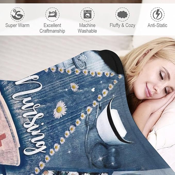 Nurse Daisy Blanket Nursing Hospital Throw Blankets for Couch Sofa Bed Stuff Decor Lightweight Soft Cozy Fleece Plush Warm Flannel Bedding Blanket Nurses Birthday Gifts for Girls Woman Adult 50"x60"