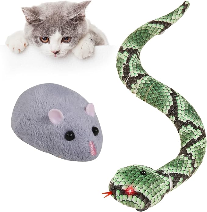 Cat Toys Interactive Kitten Toys Snake RC&Sensing Mouse and Smart Sensing Snake Toy-2pcak,USB Rechargeable,Automatically Sense Obstacles and Escape for Indoor Cats Dogs(Green Snake and mice)