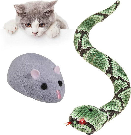 Cat Toys Interactive Kitten Toys Snake RC&Sensing Mouse and Smart Sensing Snake Toy-2pcak,USB Rechargeable,Automatically Sense Obstacles and Escape for Indoor Cats Dogs(Green Snake and mice)
