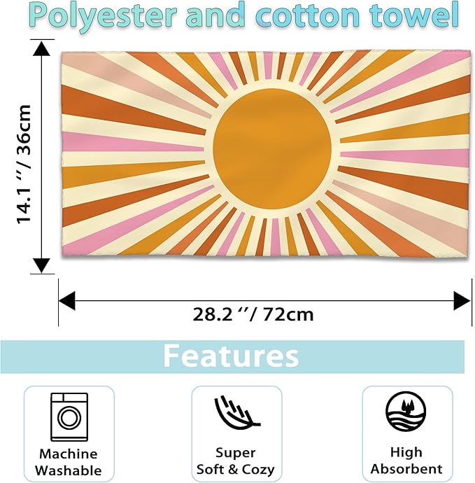 2 Pack Hand Towels for Bath,Retro Boho Sun Burst Decorative Towels Highly Absorbent Soft Towels for Bathroom Beach Kitchen Spa Gym Face Towel 14x28 Inch