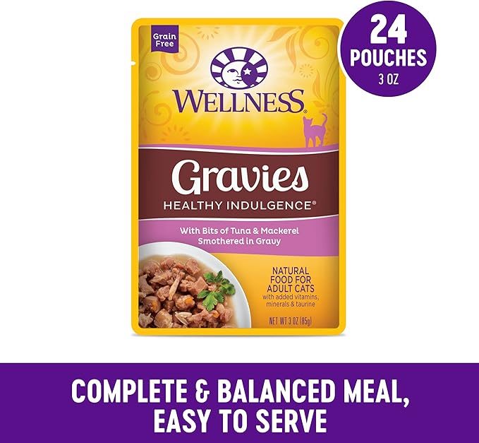 Wellness Complete Health Healthy Indulgence Gravy Adult Wet Cat Food, Natural, Protein-Rich, Grain Free, 3 Ounce Pouches, 24 Pack, (Tuna & Mackeral)