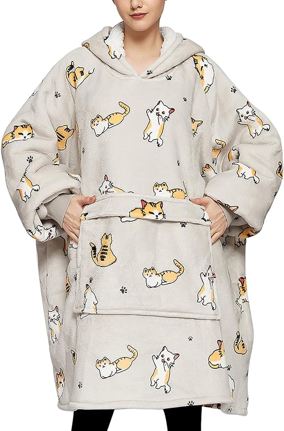 KFUBUO Wearable Blanket Hoodie for Adults Sherpa All Patterns Cat Oversized Sweatshirt Blanket with Pockets for Women