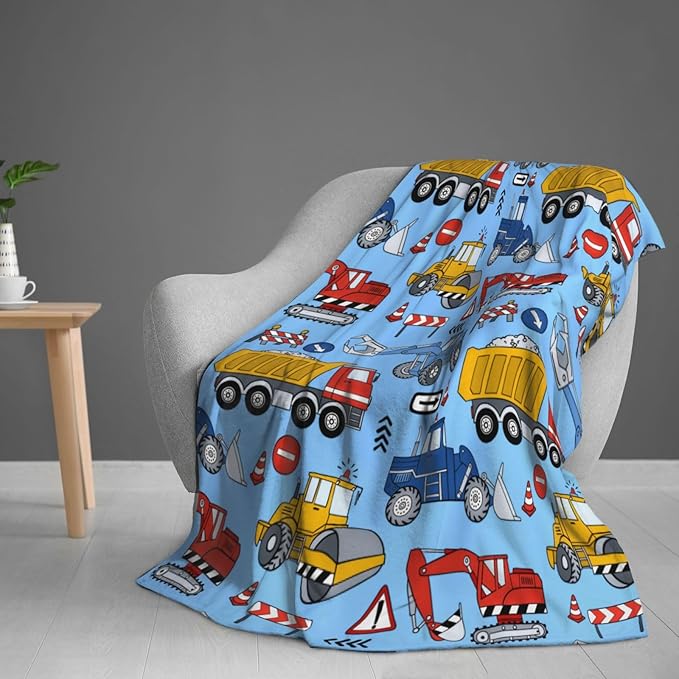 Kids Truck Car Blanket Throw 60"x50", Plush Flannel Tractor Excavators Blankets, Soft Warm Decorative for Kids Women