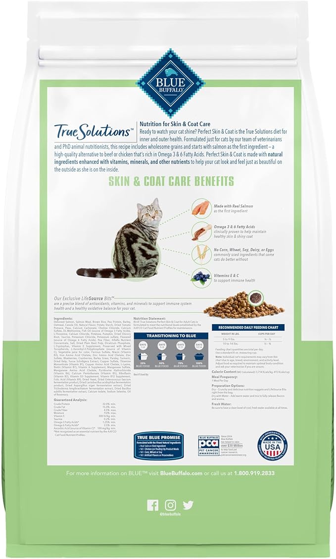 Blue Buffalo True Solutions Perfect Skin & Coat Natural Dry Food for Adult Cats, Salmon, 3.5-lb. Bag