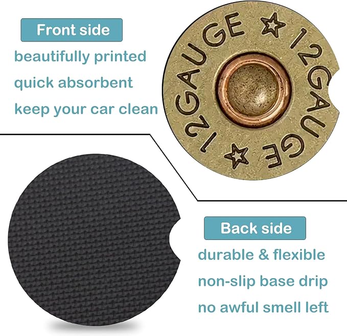 Car Coasters for Cup Holders,2 Pack Cool 12 Gauge Bullet Shaped Brass Rubber Car Cup Holder Coasters,2.75" Universal Size Anti Slip Rubber Mat,Automotive Cup Holder Decal Decor for Men,Dad