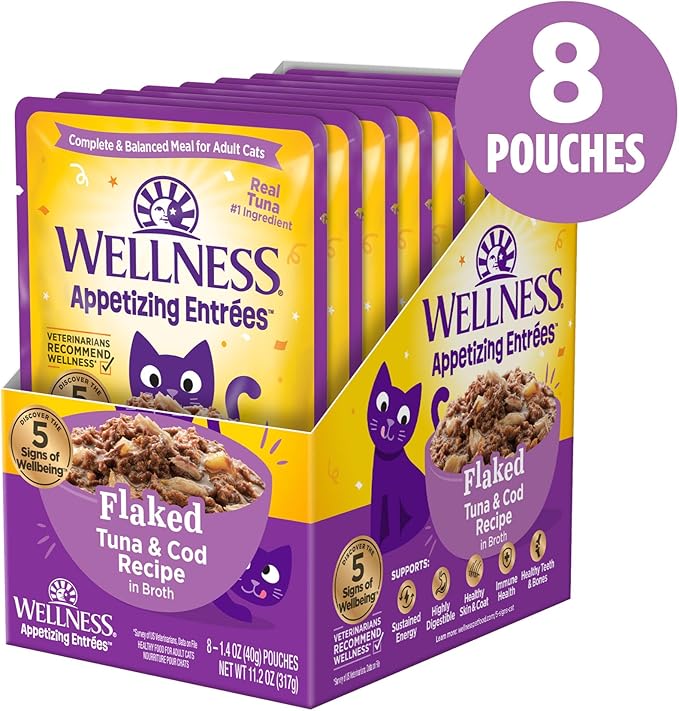 Wellness® Appetizing Entrées™ Flaked Tuna & Cod Recipe in Broth Natural Wet Cat Food, 1.4 oz Pouch (Pack of 8)