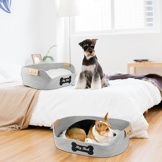 Cat Beds for Indoor Cats,21.6''X15.7''Cotton Rope Puppy Bed,Woven Rope Kitty Nest Cat Nap Bed with Soft Cushion,Handwoven Dog Cat Bed Basket -Scratch Resistant