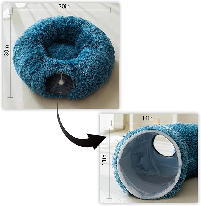 HIPIPET Winter Plush Cat Tunnel with Cat Bed for Indoor Cats,Multifunctional Cat Toys for Small Medium Large Cat.(Blue)