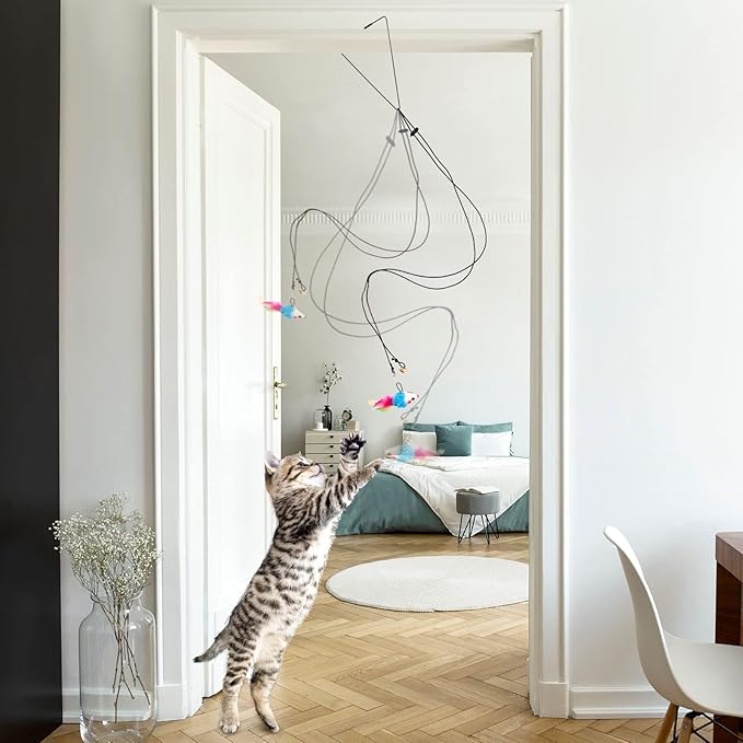 Charniol 8 Pcs Doorway Cat Toys Indoor Feather Door Hanger Interactive Hanging Dragonfly Little Mouse Retractable Teaser Kitten for Play, 6 Styles (Vibrant Style)