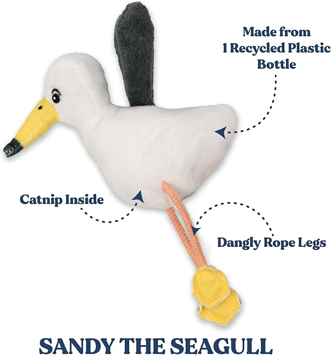 Stuffed Animal Cat Toy | Ocean Collection | Dangle Leg Seagull Toy for Indoor Cats | Cute Interactive Plush Toys for Swatting and Playing| Made of Eco-Friendly Materials - Go Green!