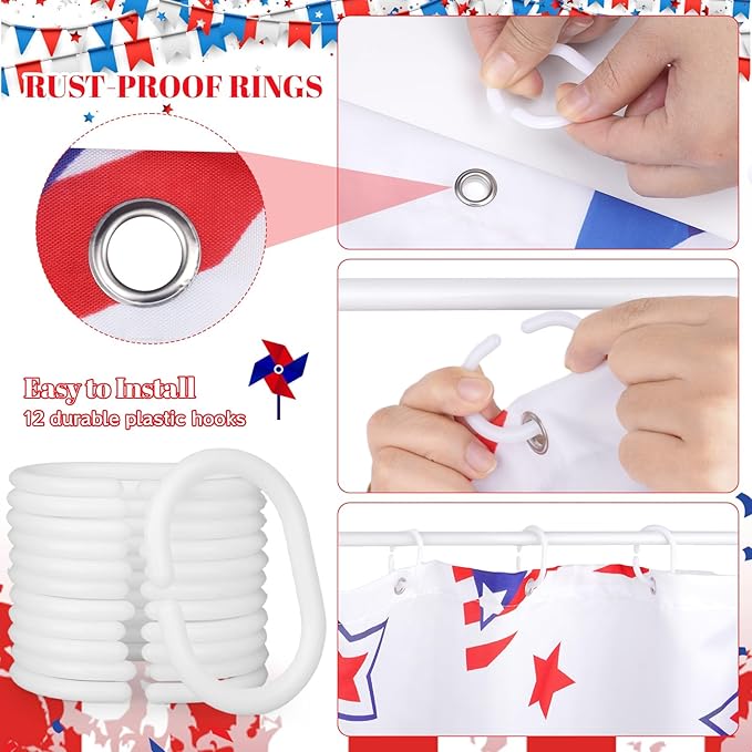 4th of July Waterproof Shower Curtain Set - Standard 71 x 71 inch, American Star Fireworks Independence Day Waterproof Fabric Shower Curtain with 12 Hooks, Bathroom Accessories, 1 Panel