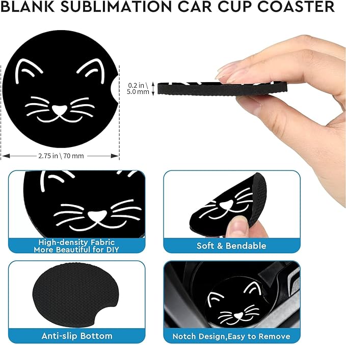 Car Coasters for Cup Holders,2 Pack Cat Car Cup Holder Coasters,2.75" Universal Size Anti Slip Rubber Mat,Automotive Cup Holder Decal Decor Accessories,Cat Gifts for Women,Men,Mom