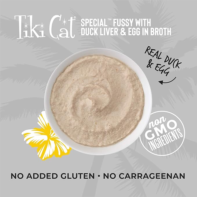 Tiki Cat Special Fussy Mousse, Duck Liver & Egg, Specially Formulated to Support Healthy Digestion, Functional Wet Cat for Adult Cats, 2.4 oz. Pouch (Pack of 12)