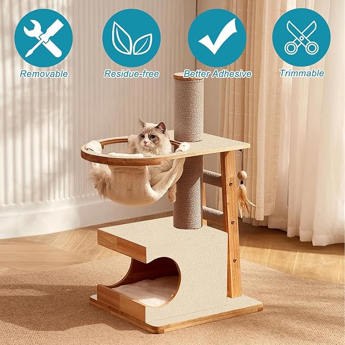 Trimmable Cat Scratching Post Carpet 78.7"x15.8" Self-Adhesive Cat Scratching Mat Cat Carpet Replacement for Cat Tree Wall Shelves Couch Furniture Protector (Khaki)