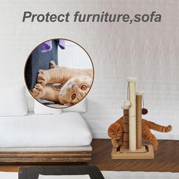Cat Scratching Post Premium Natural Sisal Jute Carpet 3 Scratch Posts with Interactive Track Ball Base and Hanging Balls Toys Kitten Scratcher for Indoor Kittens and Small Cats