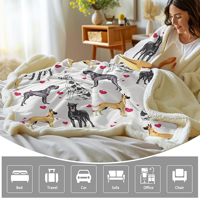 BlessLiving Great Dane Dog Blanket Red Heart Puppy Print Sherpa Fleece Throw Blanket Funny Dog Portrait Plush Blankets (Twin, 60 x 80 Inches)