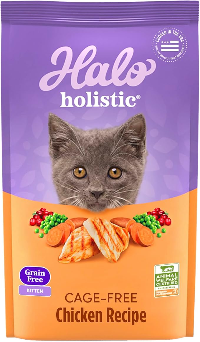 Halo Holistic Kitten Food Dry, Grain Free Cage-free Chicken Recipe, Complete Digestive Health, Dry Cat Food Bag, Kitten Formula, 3-lb Bag