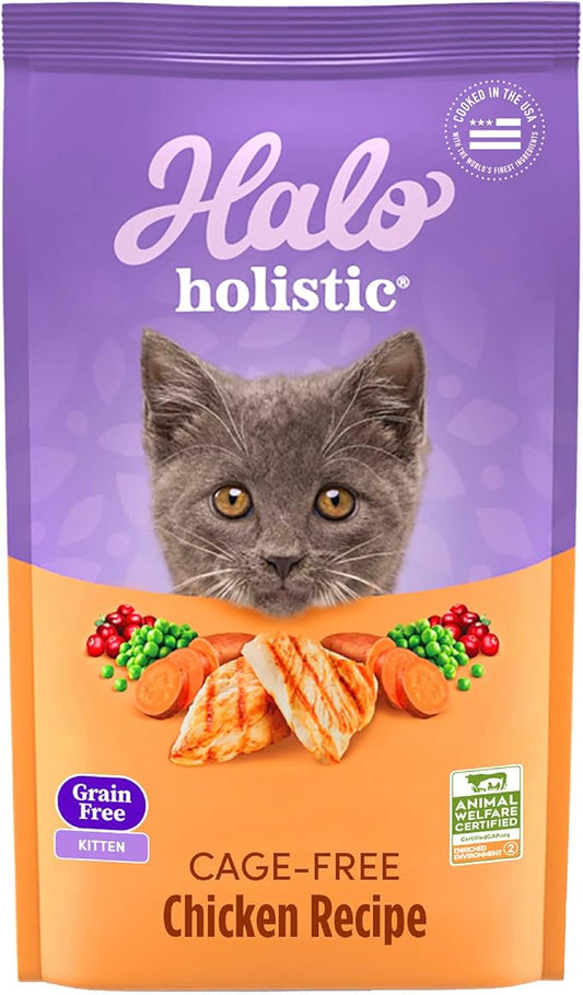 Halo Holistic Kitten Food Dry, Grain Free Cage-free Chicken Recipe, Complete Digestive Health, Dry Cat Food Bag, Kitten Formula, 3-lb Bag