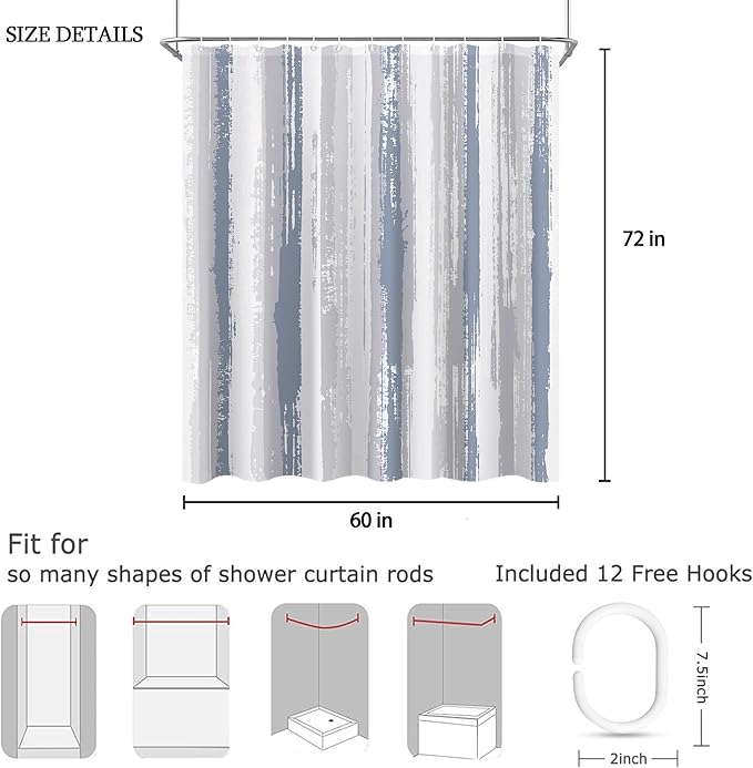 Blue Grey Abstract Striped Shower Curtain Sets for Bathroom 60Wx72H Vintage Modern Contemporary Minimalist Shower Curtain Botanical Plant Leaves Aesthetic Bathtub Curtain Rustic Bathroom Decor