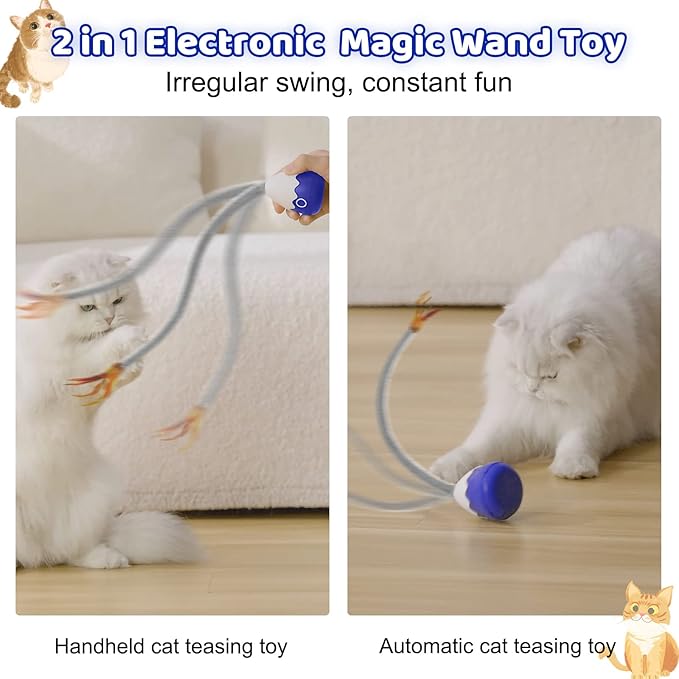 Cat Toys Rechargeable Plush Cat Wand Toy with Silicone Teaser Tail, Electronic Cat Toys Interactive for Indoor Cats/Kittens, Automatic Exercise Cat Toy - Navyblue