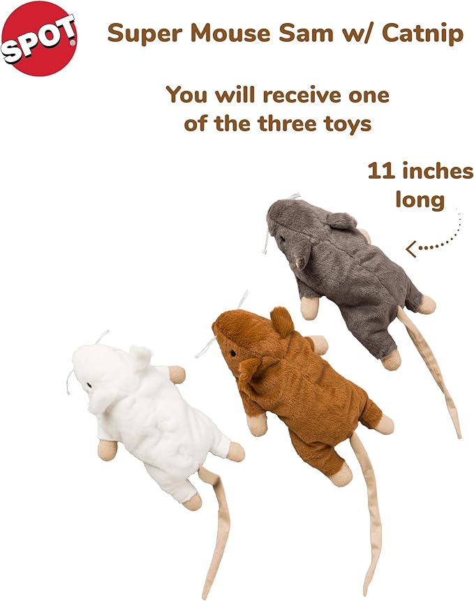 SPOT Super Mouse Sam with Catnip - Lifelike Cat Toy, Fuzzy Mice with Catnip and Crinkle Sound, Extra Large Size for Cuddling, Kicking, Chasing, Playing - 11in Plush Toys, Assorted Colors