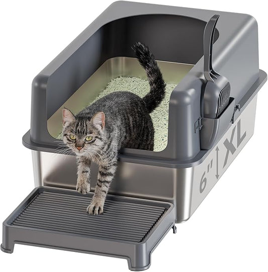 High-Sided Stainless Steel Cat Litter Box,Stainless Steel Litter Box with Lid,Extra Large Litter Box,Easy-to-Clean Metal Litter Pan for Cats (24''L X 16''W X 12''H with Scoop&mat)
