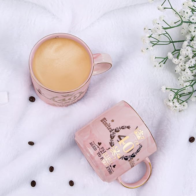 40th Birthday Gifts Women, Unique 40 Year Old Birthday Gifts Idea, Fabulous 40th Limited Edition, 1984 Birthday Gifts for Her Mom Wife Female Friend, 14oz Golden Pattern Mug, Lid, Spoon, Bow Gift Box