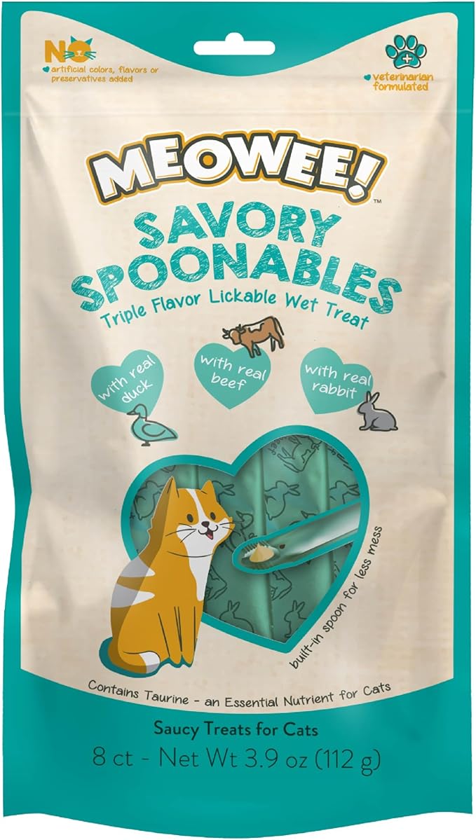 Savory Spoonables with Real Duck, Beef and Rabbit for Cats, 8 Count, Treat Your Cat to Triple Flavor Squeezable Lickable Wet Treats with Built-in Spoon for Less Mess