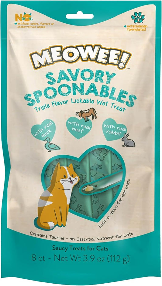 Savory Spoonables with Real Duck, Beef and Rabbit for Cats, 8 Count, Treat Your Cat to Triple Flavor Squeezable Lickable Wet Treats with Built-in Spoon for Less Mess