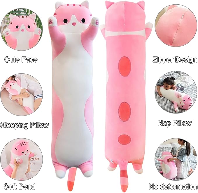 Giant Cat Pillow Plush Cartoon Kitty Sleeping Hugging Pillow, Cuddly Soft Long Kitten Body Pillow Doll Cat Cushion Toy for Kids Girlfriend(Pink, 50cm/19.68inch)