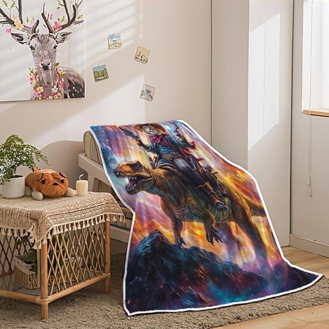 Funny Cat Dinosaur Blanket, Blue Galaxy Space Rainbow Decor Throw Blanket Cozy Plush Flannel Fleece Warm Soft Lightweight Fuzzy Blanket Funny Gifts for Boys Girls Teens Women for Bed Sofa Couch
