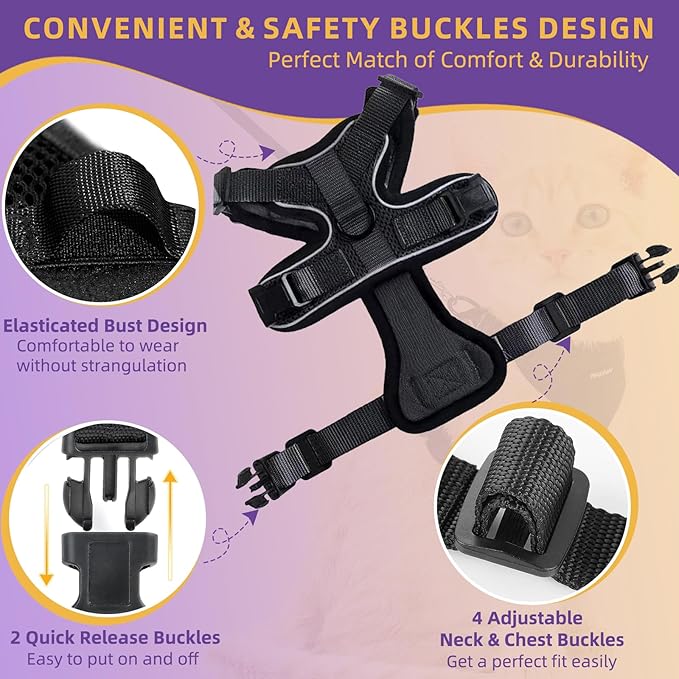 Adjustable Cat Harness and Leash Set for Outdoor Walking, Soft Breathable Mesh Cat Harness with Reflective Strips,Escape Proof Safe Cat Vest Harness, Black (XS)
