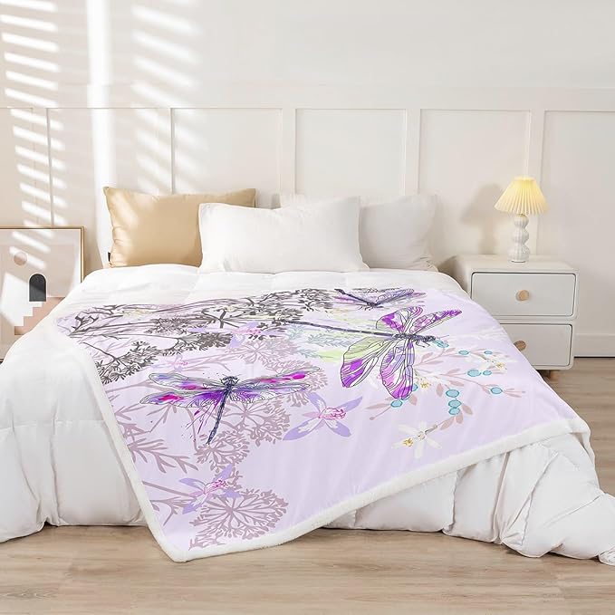 Feelyou Dragonfly Sherpa Blanket Twin 60x80 Inches Botanical Floral Fleece Throw Blanket for Kids Girls Teens Women Bedroom Decor Nature Animals Branches for Sofa Bed Couch Purple