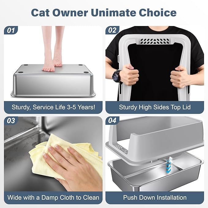 2 Pack Stainless Steel Cat Litter Box with 1Pack Lid, XL Extra Large Litter Box for Big Cats, Metal Litter Box with High Sided Enclosure & Scoop, Anti-Leakage, Non-Sticky, Easy Cleaning