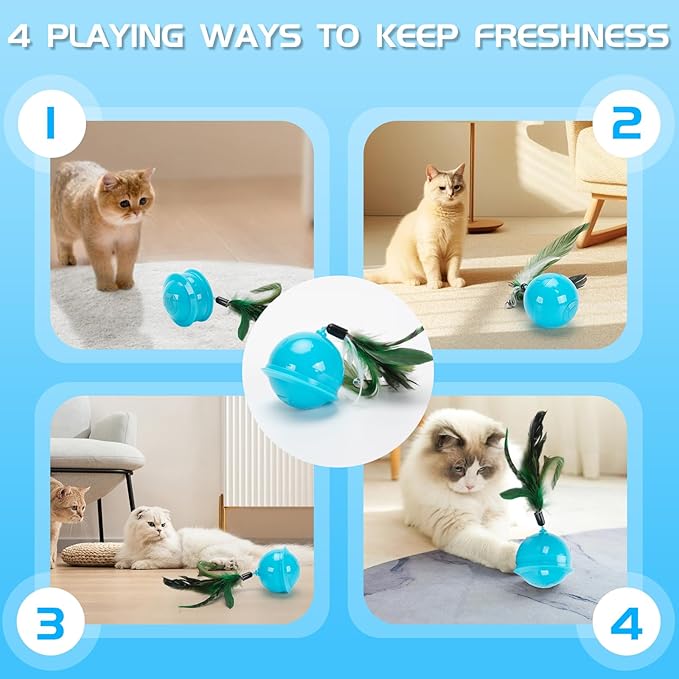 Cat Feather Toy Ball for Indoor,Automatic Moving Ball Toy with Feathers Tail, Self Rolling Ball with Colorful Light Mouse Chasing Game(Blue)