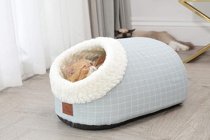 Cat Bed for Indoor Cats,Medium Large Cats Cave Bed,Machine Washable Slip Resistant Bottom,Ultra Soft Plush Cushion (Blue White Cave)