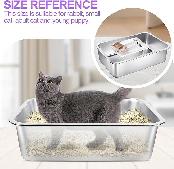 3 Pack Stainless Steel Cat Litter Boxes 19.7" L x 13.8" W x 5.9" H Extra Large Metal Litter Boxes with High Sides Aluminum Cat Litter Pans for Pets No Smell, Non Stick, Easy to Clean (L)