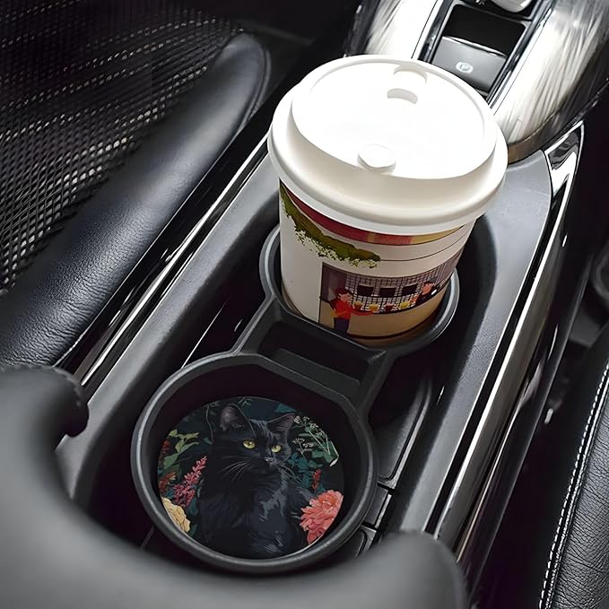 Absorbent Ceramic Car Coasters for Cup Holders, Vintage Flower Black Cat Design 2.56" Anti Slip Universal Drink Cup Coasters for Women Men (2 Pack)