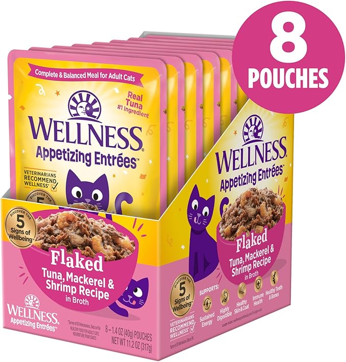 Wellness® Appetizing Entrées™ Flaked Tuna, Mackerel, Shrimp Recipe in Broth Natural Wet Cat Food, 1.4 oz Pouch (Pack of 8)