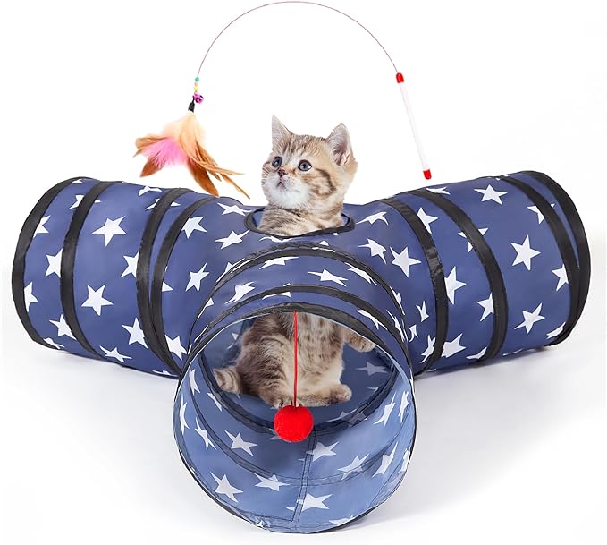 Tempcore Pet Cat Tunnel Tube Cat Toys 3 Way Collapsible, Cat Tunnels for Indoor Cats，Kitty Tunnel Bored Cat Pet Toys Peek Hole Toy Ball Cat, Puppy, Kitty, Kitten, Rabbit Pentagram