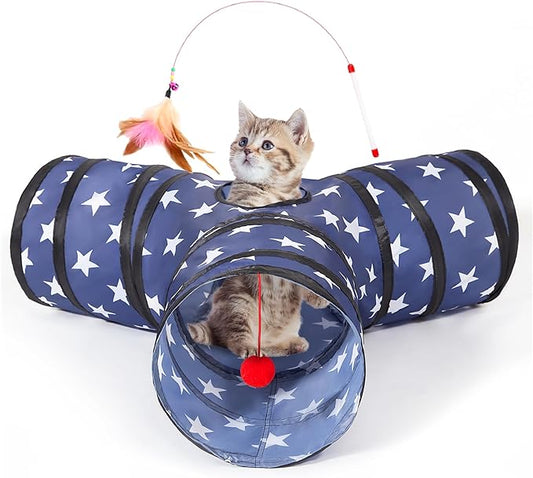 Tempcore Pet Cat Tunnel Tube Cat Toys 3 Way Collapsible, Cat Tunnels for Indoor Cats，Kitty Tunnel Bored Cat Pet Toys Peek Hole Toy Ball Cat, Puppy, Kitty, Kitten, Rabbit Pentagram