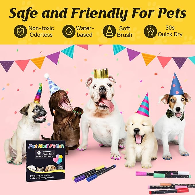 Dog Nail Polish Pens Quick Dry,9 Colors Safe Dog Nail Polish Set to DIY Pretty Nails, Ideal Gifts for Dogs Cats Light Dark Nails, Odorless, Non-Toxic, Water-Based Pet Nail Accessories Set