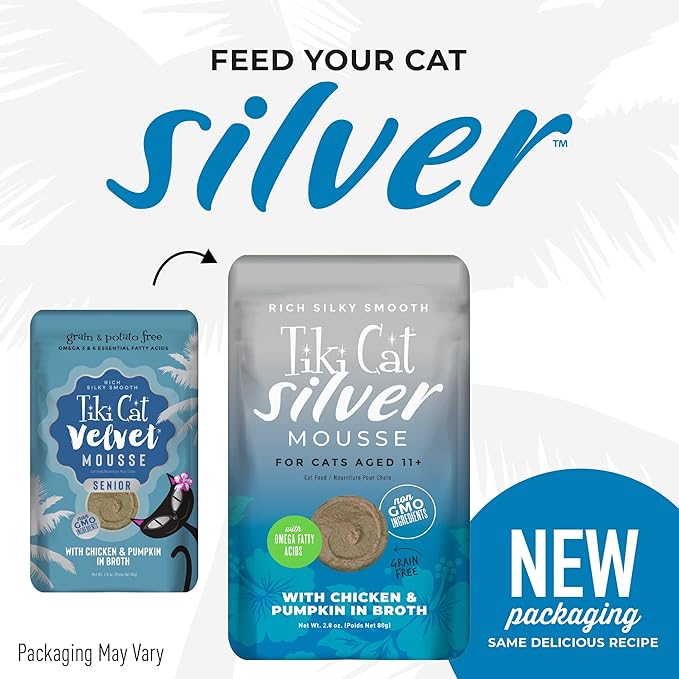 TIki Cat Silver Mousse, With Chicken & Pumpkin In Broth, Silky Smooth Nutrient Rich Formulated for Older Cats Aged 11+, 2.9 oz. Pouch (Pack of 12)