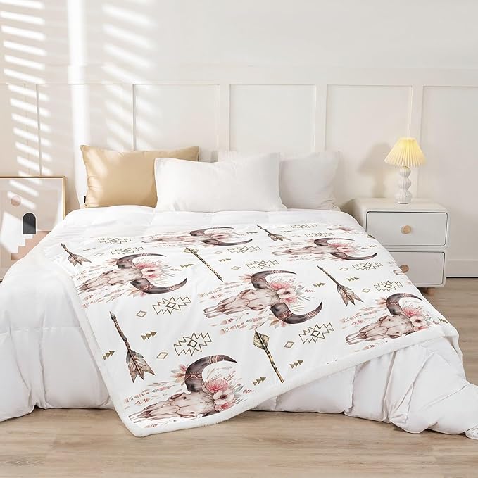 Feelyou Bull Skull Throw Blanket Girls Women Boho Arrow Floral Blanket Bohemian Wild Animal Skeleton Fleece Sherpa Blanket for Bed Couch Chair Decor Tribal Exotic Fuzzy Blanket SoftQueen 90"x90"